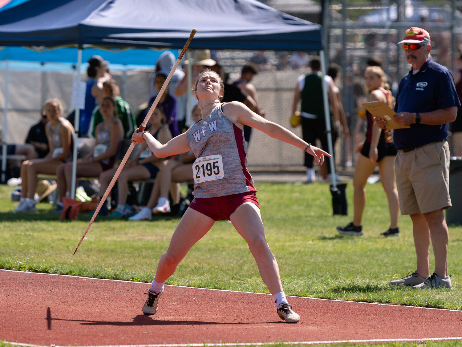 W.F. West’s Amanda Bennett launches an attempt in the 2A girls javelin throw at the WIAA 2A/3A/4A State Track and Field Championships on Friday, May 26, 2023, at Mount Tahoma High School in Tacoma. (Joshua Hart/For The Chronicle)